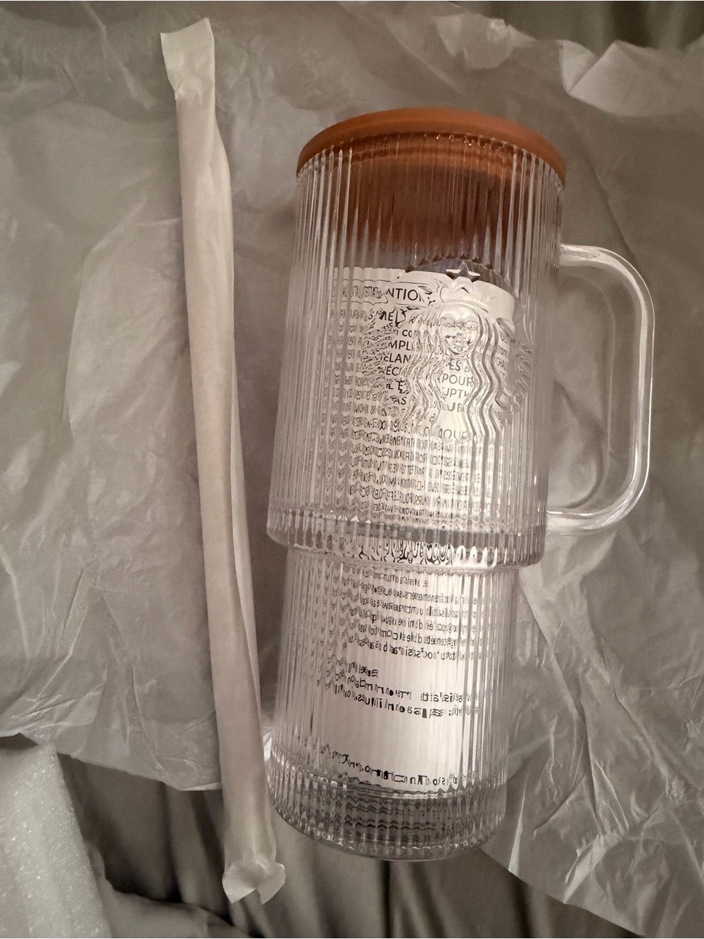 Starbucks Clear Ribbed Glass Tumbler with Brown Lid - Clear (PSL edition)